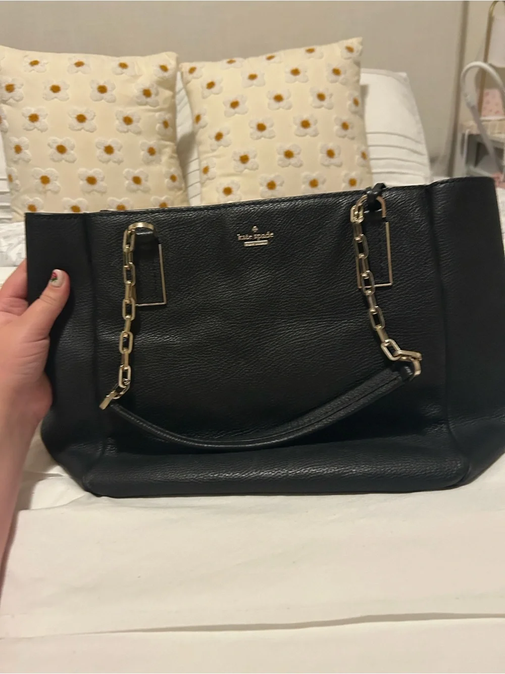 kate spade Black Leather Tote with Gold Chain Handles